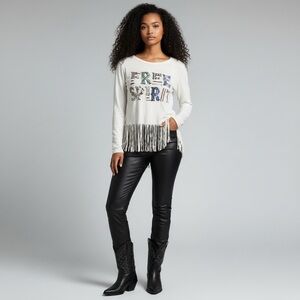 Pink Cattlelac Free Spirit Fringe Top Boho Western Graphic Tee Size S